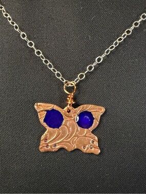Copper Blue Enamel Butterfly Sterling Silver Artisan Crafted Necklace